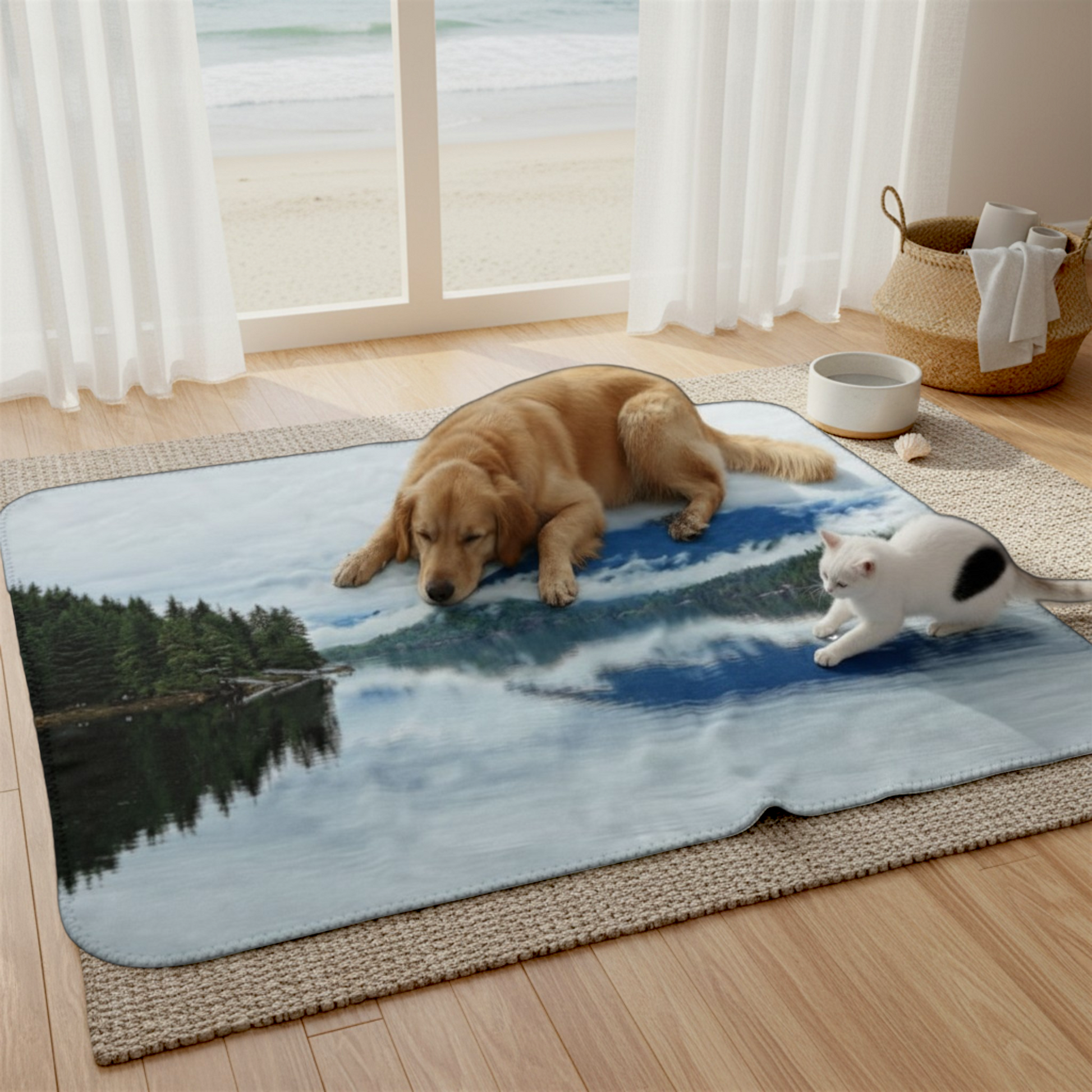 Van Isle Goddess Alberni Inlet Coastal Blanket featuring a serene lake reflecting misty mountains and lush green trees. Made of plush polyester.
