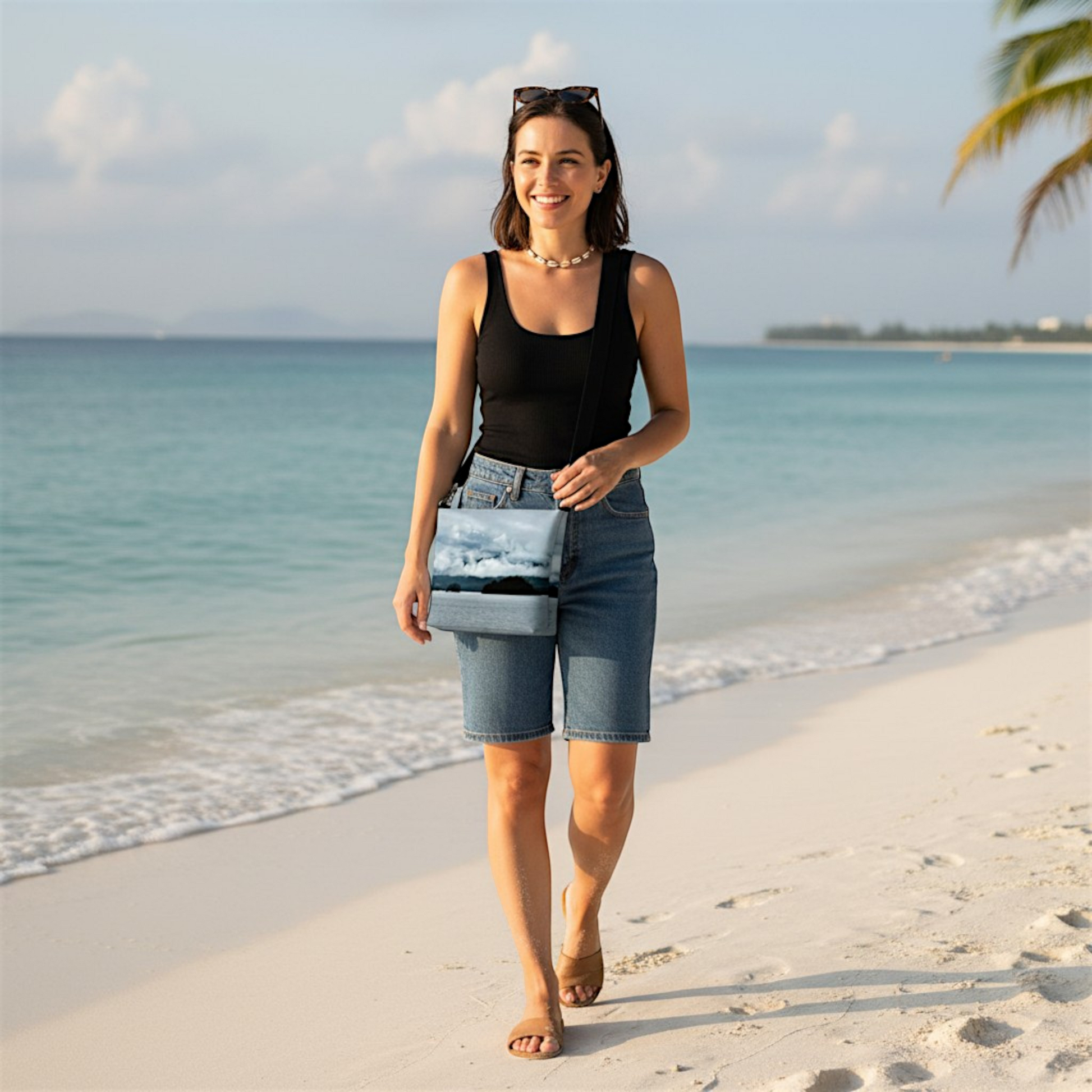 Van Isle Goddess Alberni Inlet vegan leather crossbody purse with cloud and ocean print, adjustable strap.
