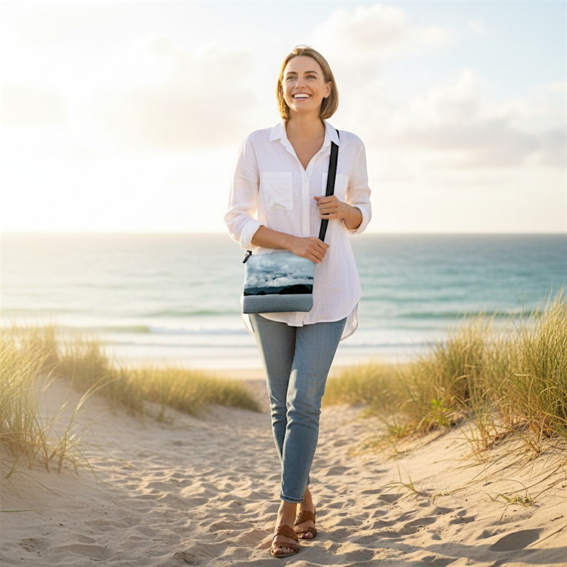 Van Isle Goddess Alberni Inlet crossbody purse with a cloudy sky and ocean print, made of vegan leather with an adjustable strap.