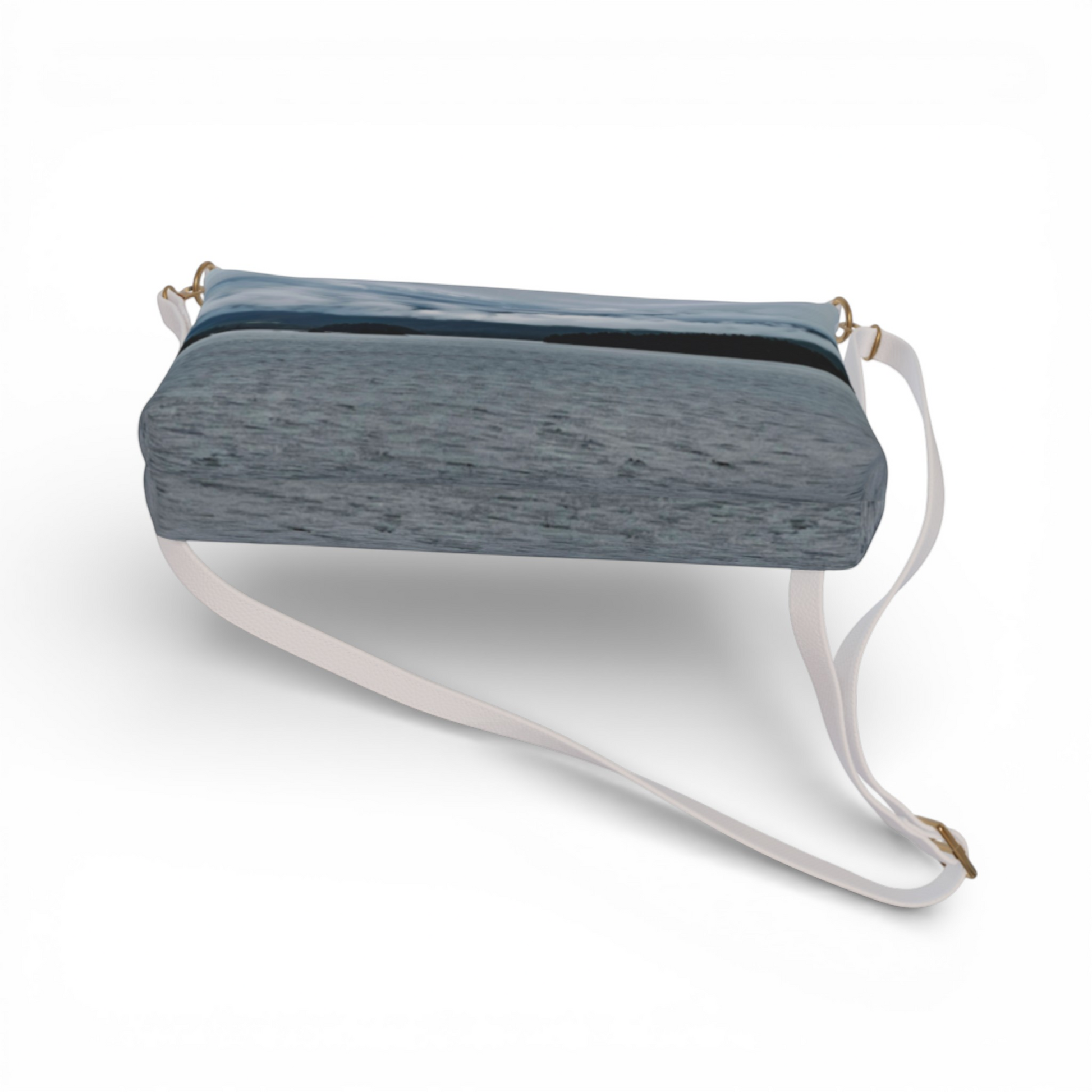 Van Isle Goddess Alberni Inlet crossbody purse in vegan leather with a landscape print and white adjustable strap.