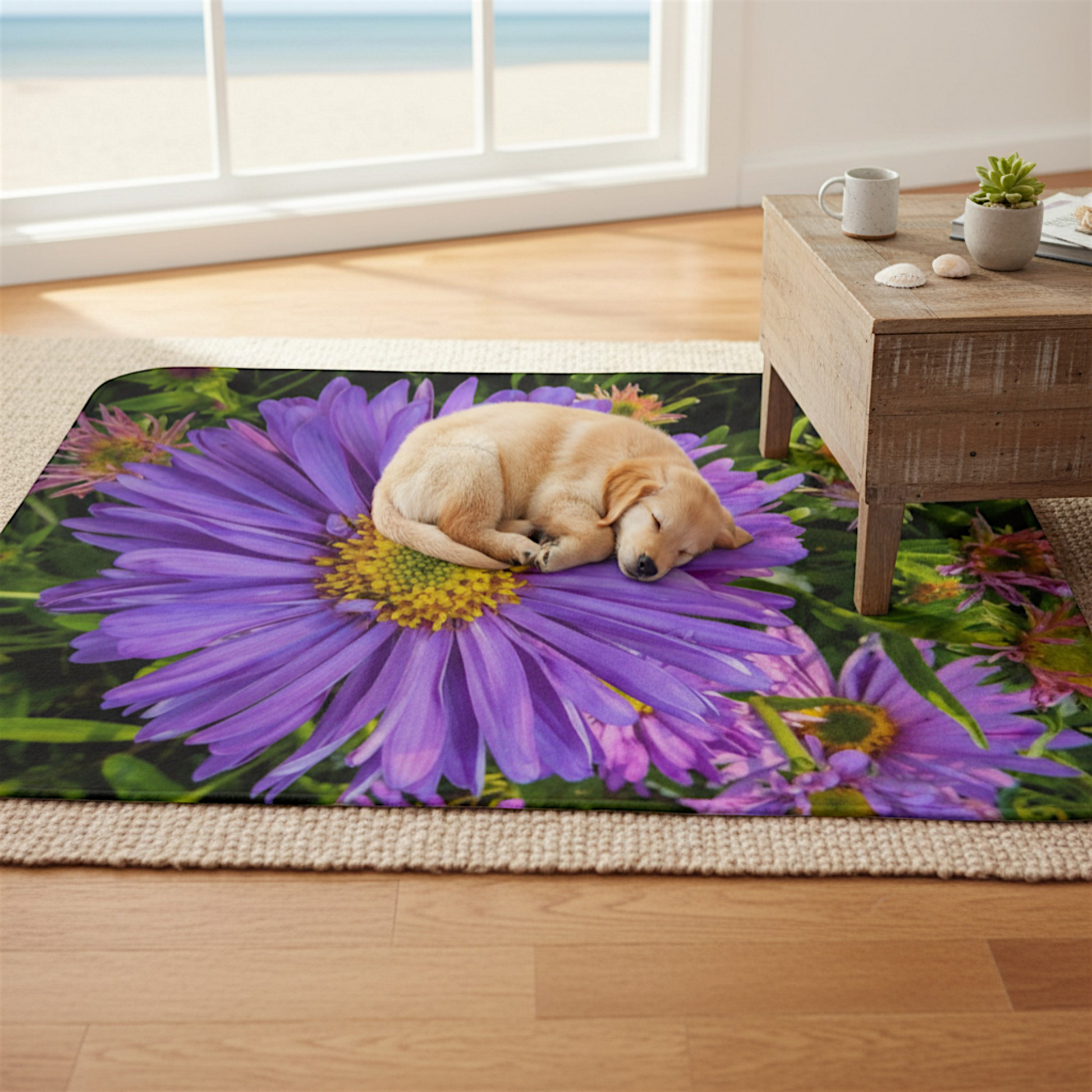 Van Isle Goddess Aster Flower coastal blanket, plush double minky fabric, purple floral print, grey backing, rounded edges.