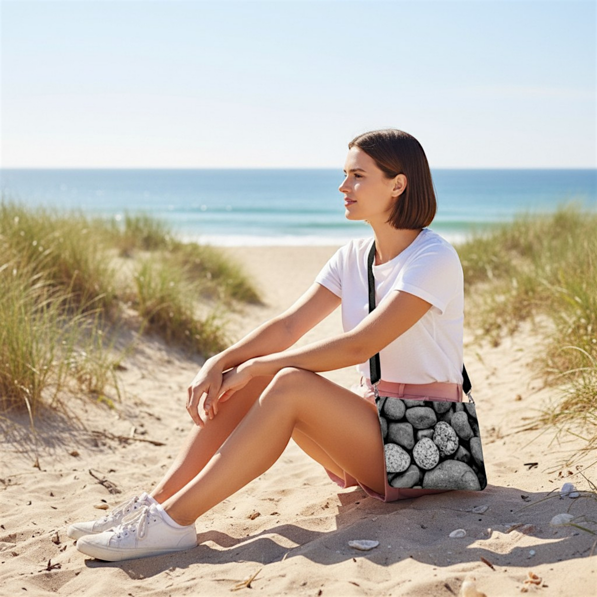 Van Isle Goddess Beach Rocks vegan leather crossbody purse with adjustable strap and pebble print.