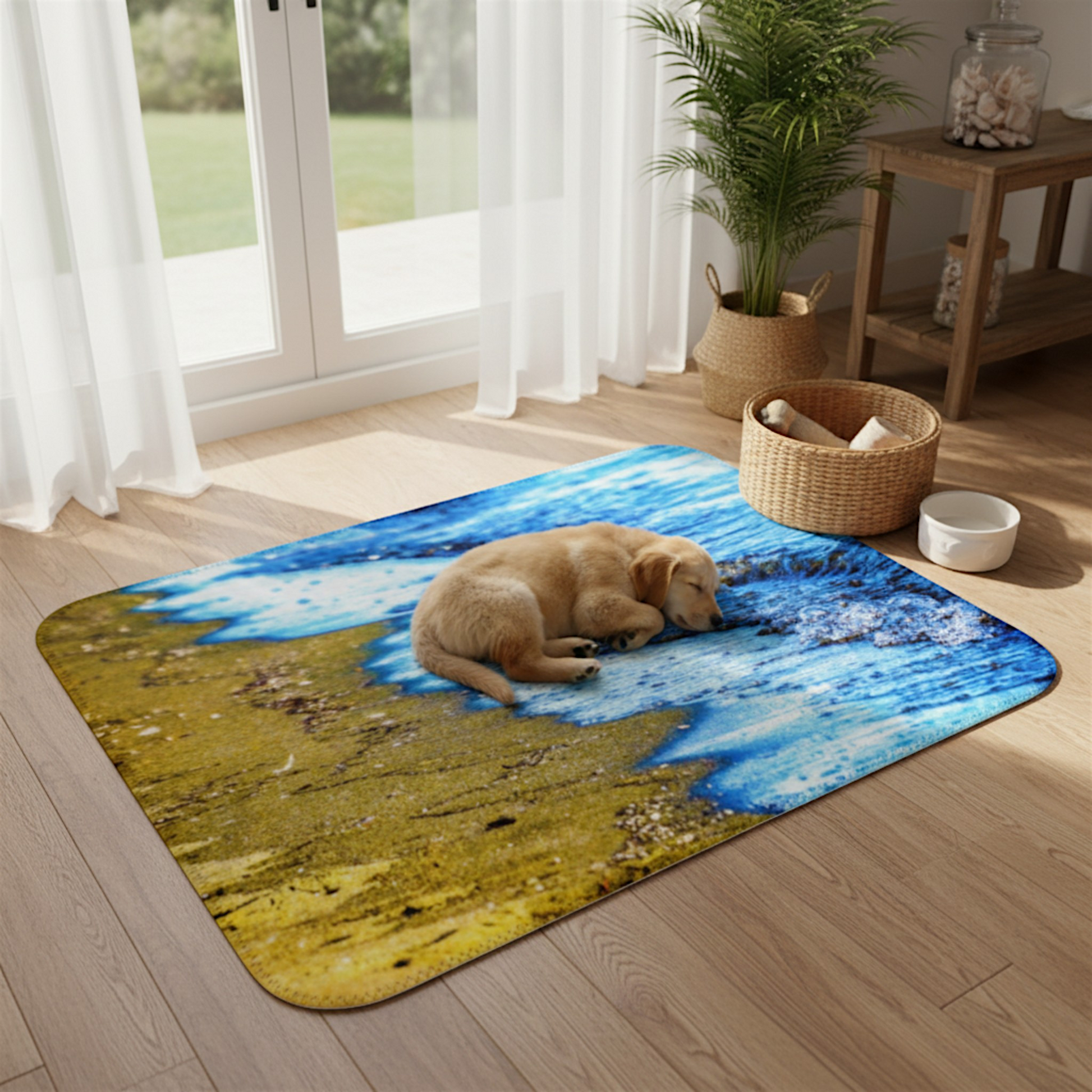 Van Isle Goddess beach wave blanket in blue and yellow minky fabric, perfect for coastal decor.