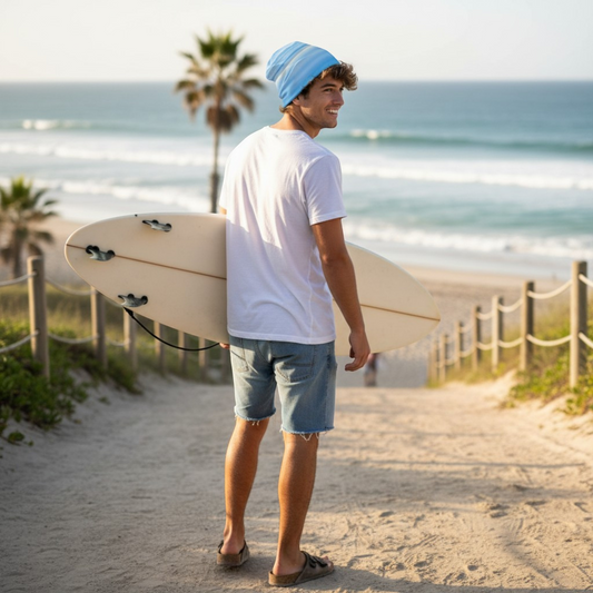 Van Isle Goddess light blue slouchy beanie with bamboo lining, made from polyester and spandex. Perfect for beach, hiking, or under helmets.