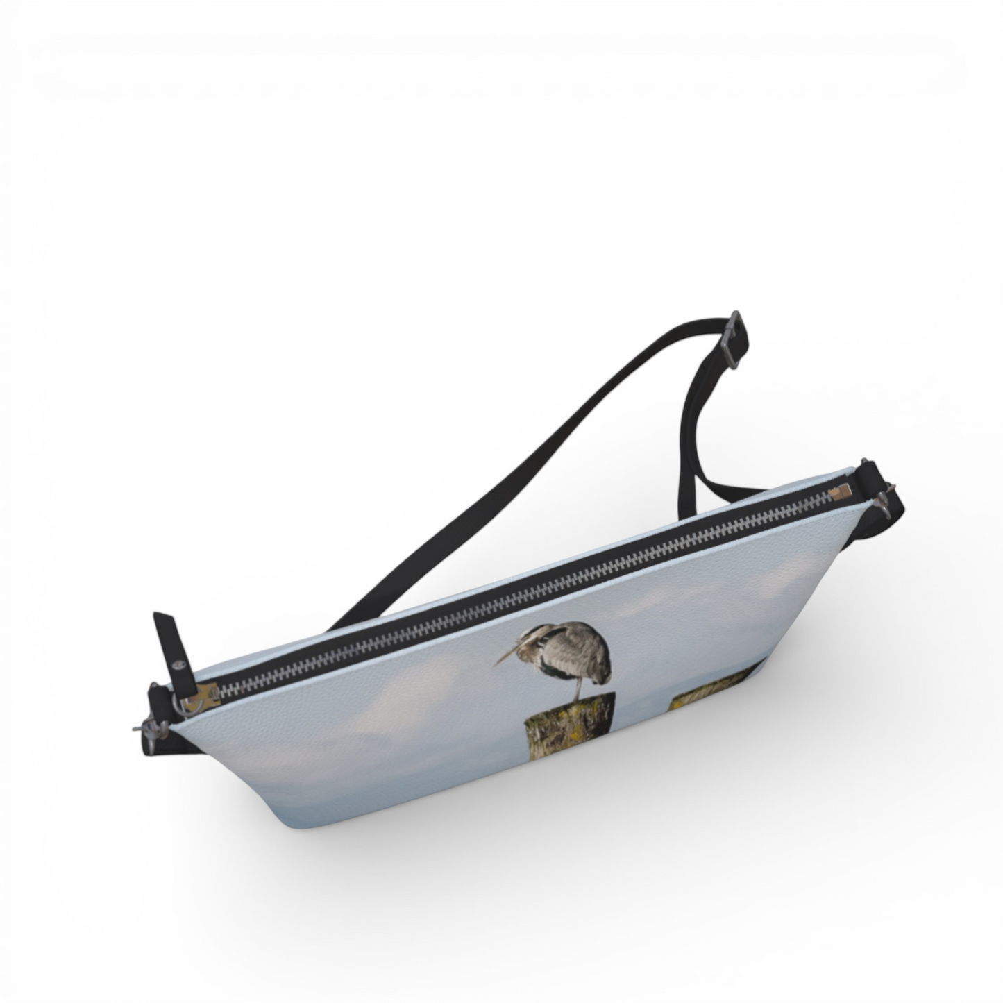 Van Isle Goddess Blue Heron Perch vegan leather crossbody purse with adjustable strap and zipper closure.