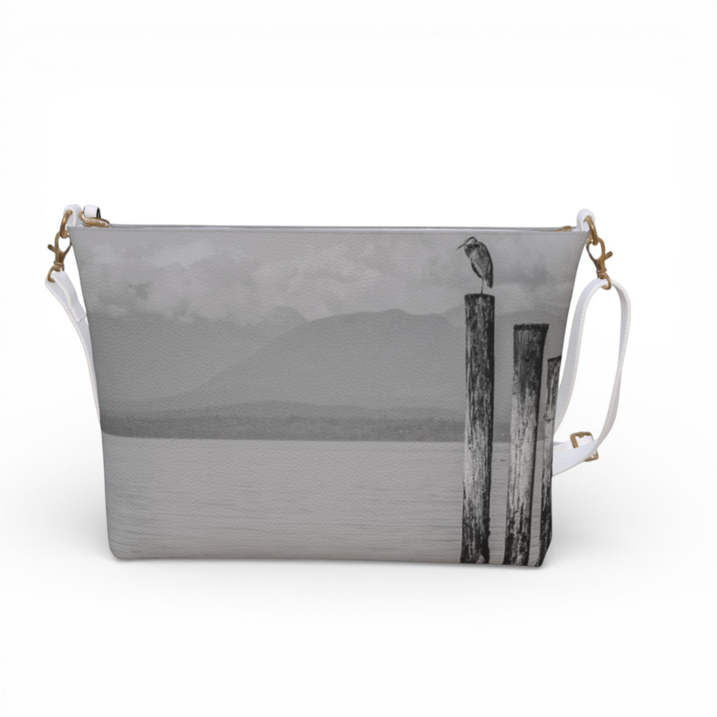 Van Isle Goddess Blue Heron Perch vegan leather crossbody purse with adjustable strap and metal hardware.