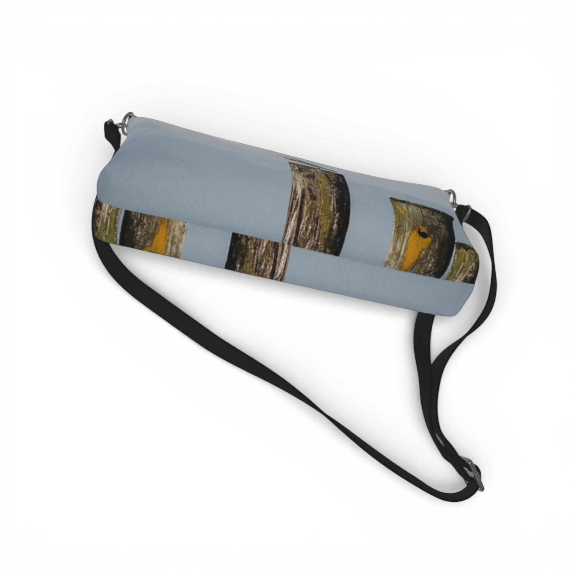 Van Isle Goddess Blue Heron Perch vegan leather crossbody purse with adjustable strap and wood grain print.