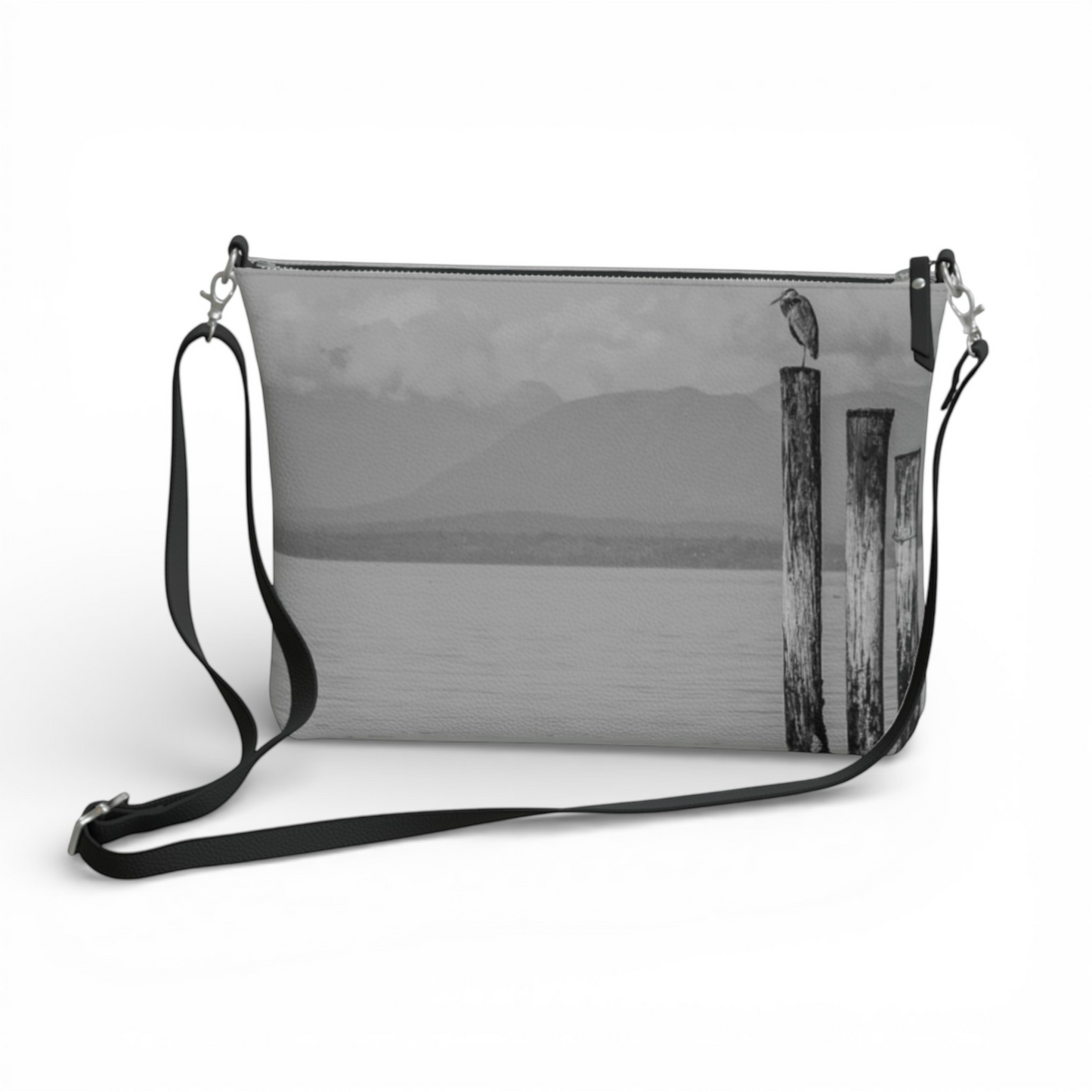 Van Isle Goddess Blue Heron Perch vegan leather crossbody purse with adjustable strap and zipper closure.