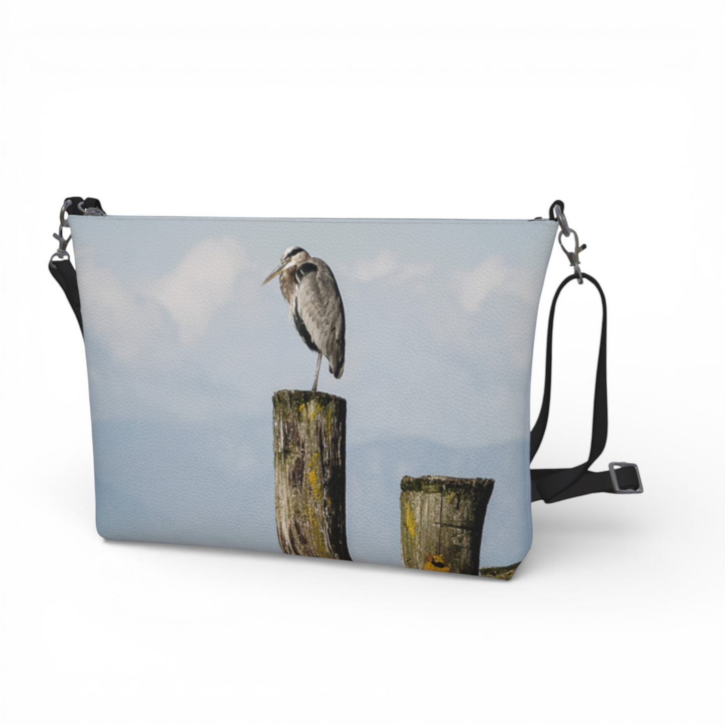 Van Isle Goddess Blue Heron Perch vegan leather crossbody purse with adjustable strap and metal hardware.