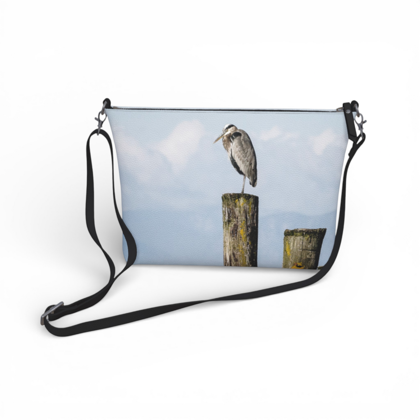 Van Isle Goddess Blue Heron Perch vegan leather crossbody purse with adjustable strap and metal hardware.