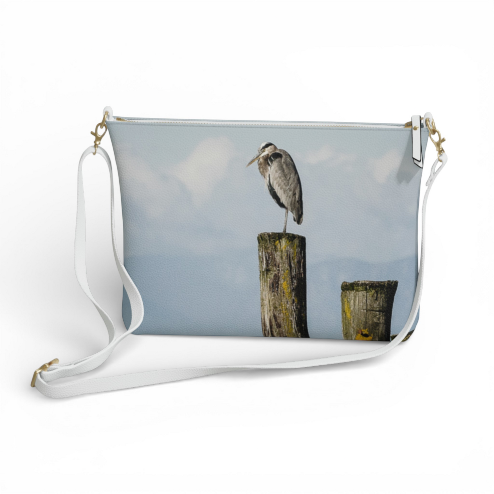 Van Isle Goddess Blue Heron Perch vegan leather crossbody purse with adjustable white strap.