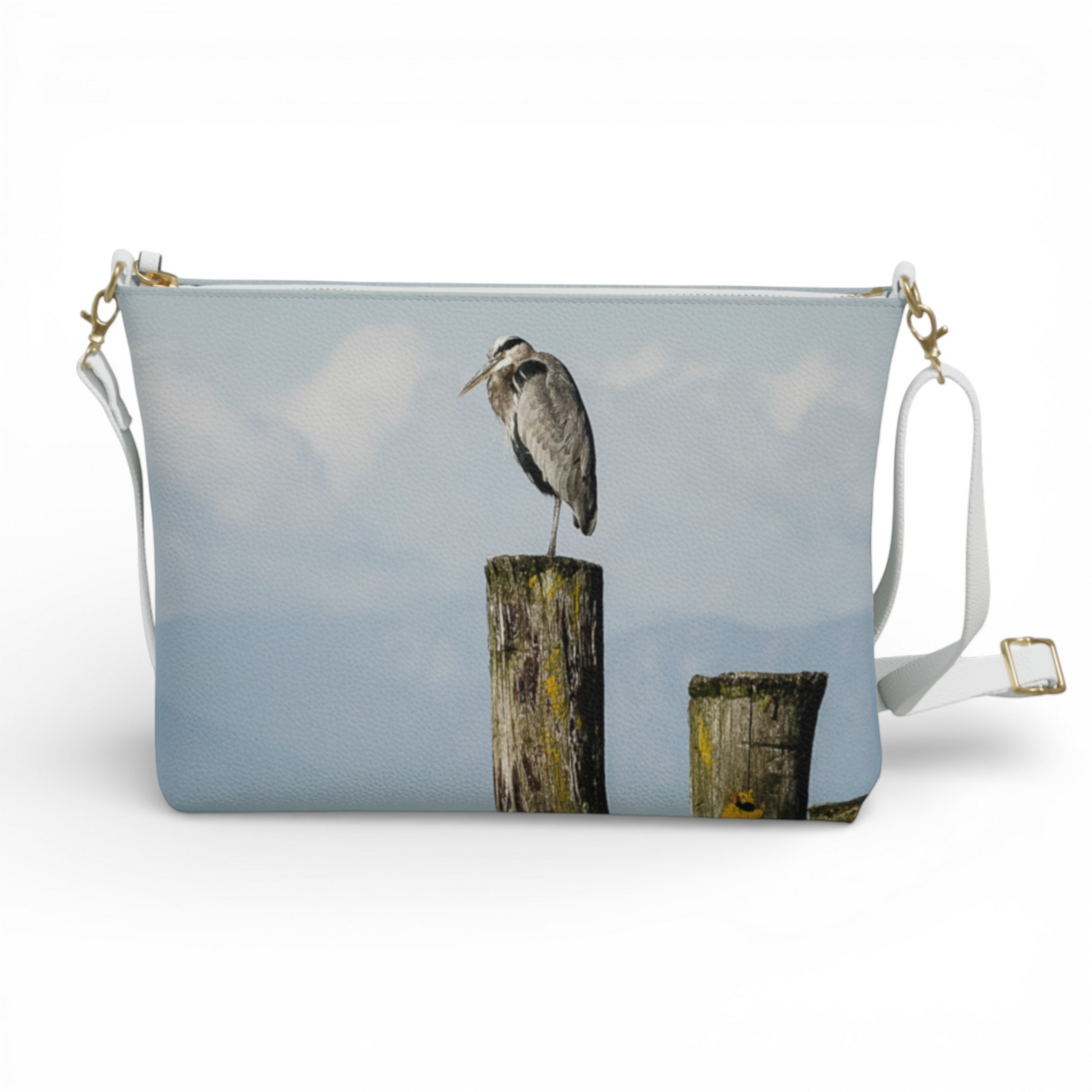 Van Isle Goddess Blue Heron Perch vegan leather crossbody purse with adjustable strap and gold hardware.