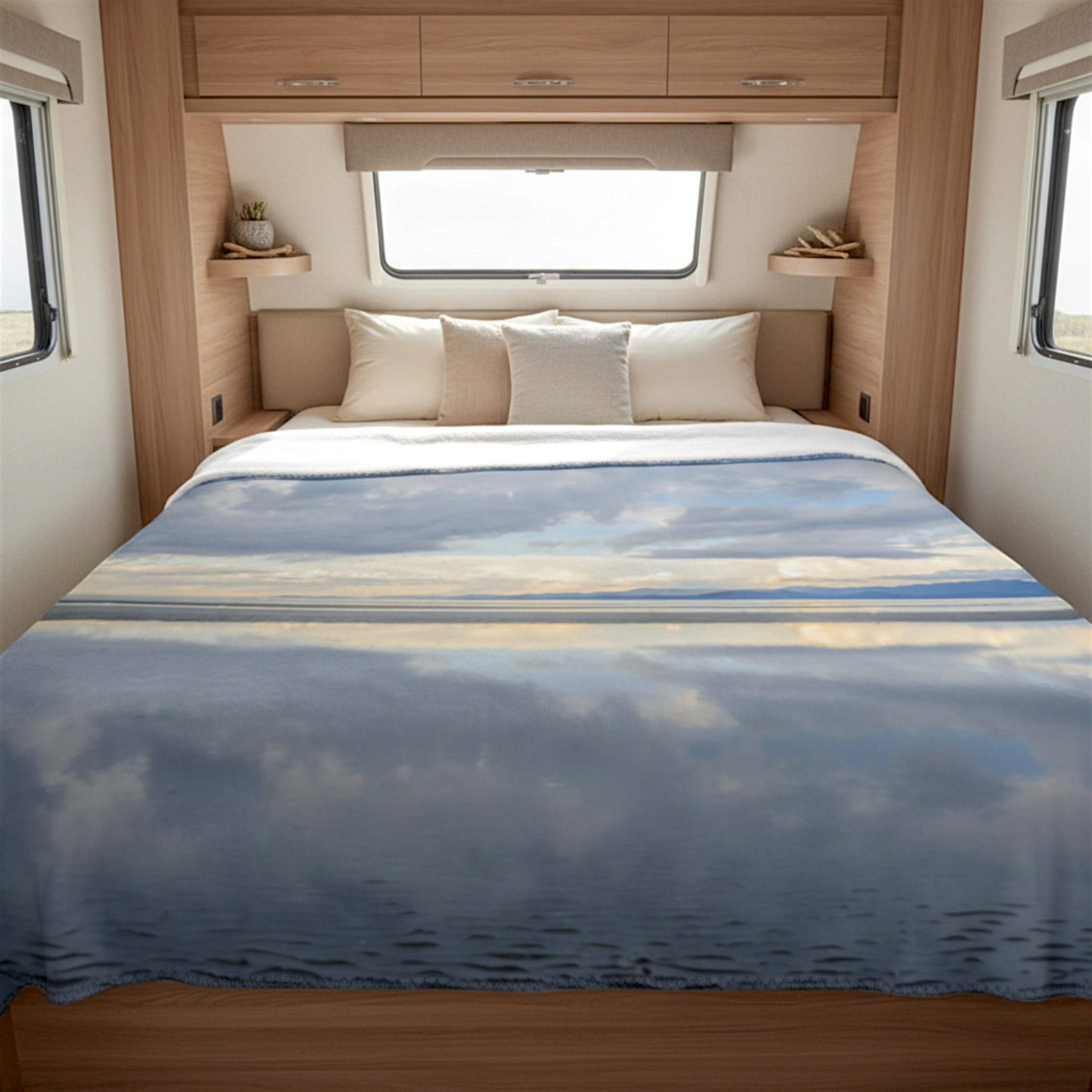 Van Isle Goddess coastal blanket featuring a serene beach scene with calm water reflecting a cloudy sky and distant mountains.