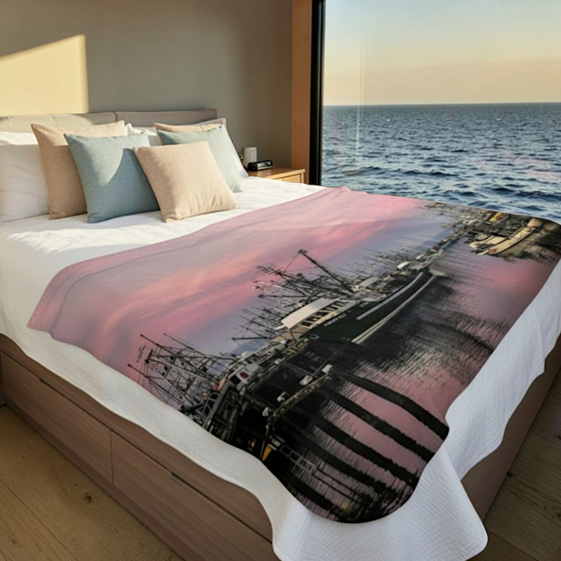 Van Isle Goddess Sunset Marina French Creek Coastal Blanket, double-thick minky fabric, Vancouver Island photography, pink sky, boats in harbor.