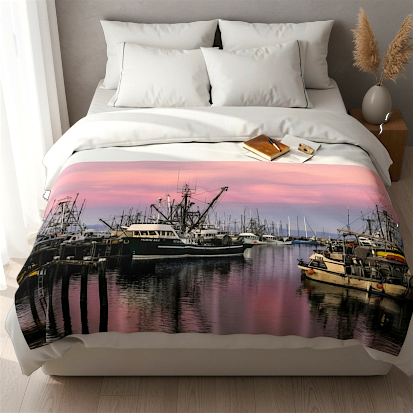 Van Isle Goddess Sunset Marina French Creek Coastal Blanket, double-thick minky fabric, features fishing boats at sunset.