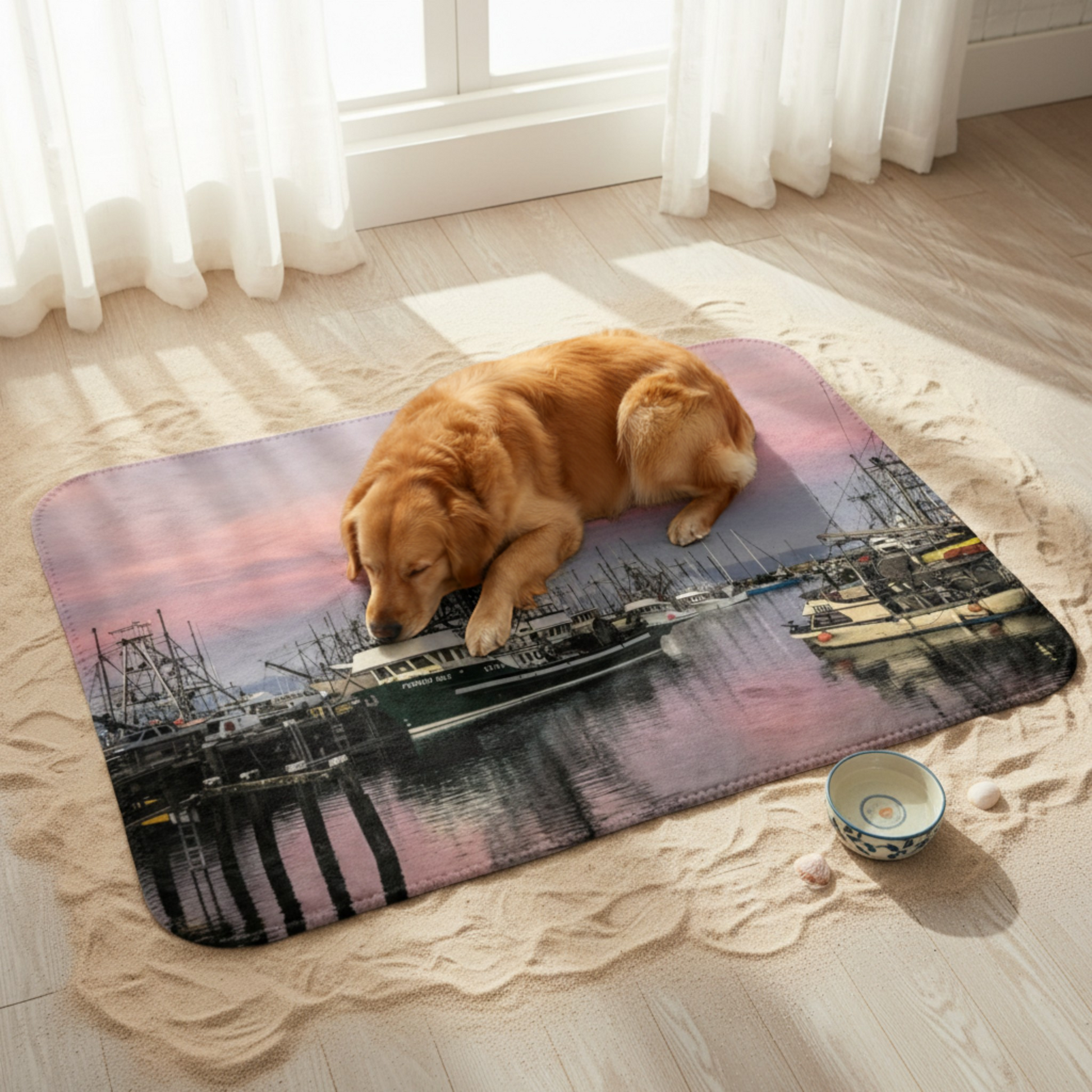 Van Isle Goddess Sunset Marina French Creek Coastal Blanket, double-thick minky fabric, pink sky over harbor with fishing boats.