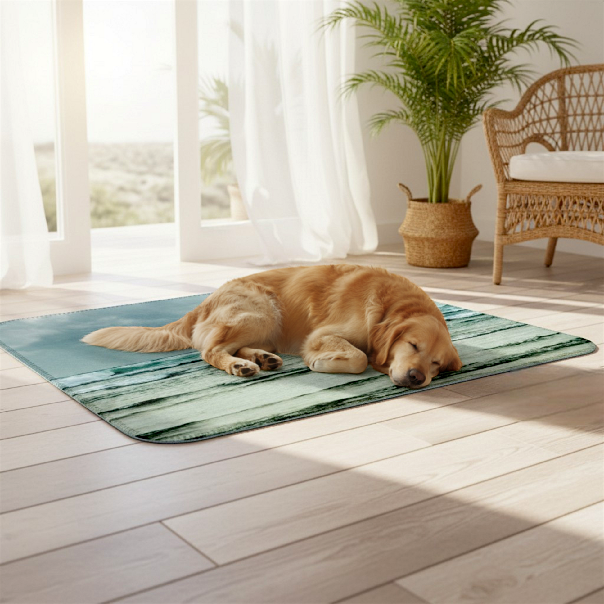 Van Isle Goddess Ocean Calling Long Beach Tofino Coastal Blanket, featuring turquoise waves and a cloudy sky. Made from soft polyester.