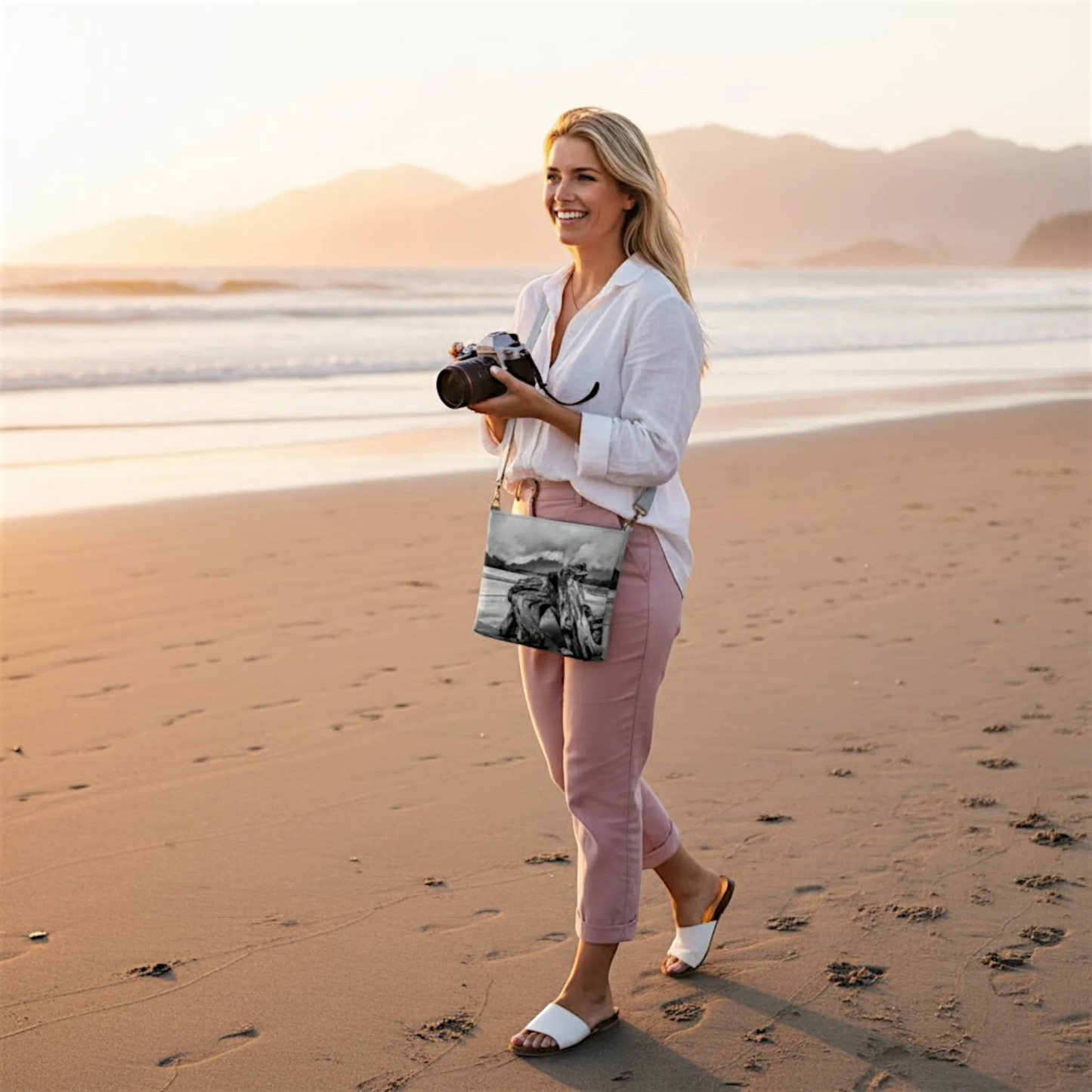 Van Isle Goddess Driftwood Monument Port Renfrew vegan leather crossbody purse with adjustable strap and metal hardware.