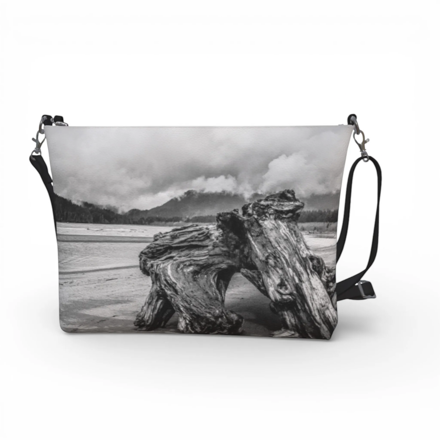 Van Isle Goddess Driftwood Monument Port Renfrew vegan leather crossbody purse with adjustable strap and metal hardware.