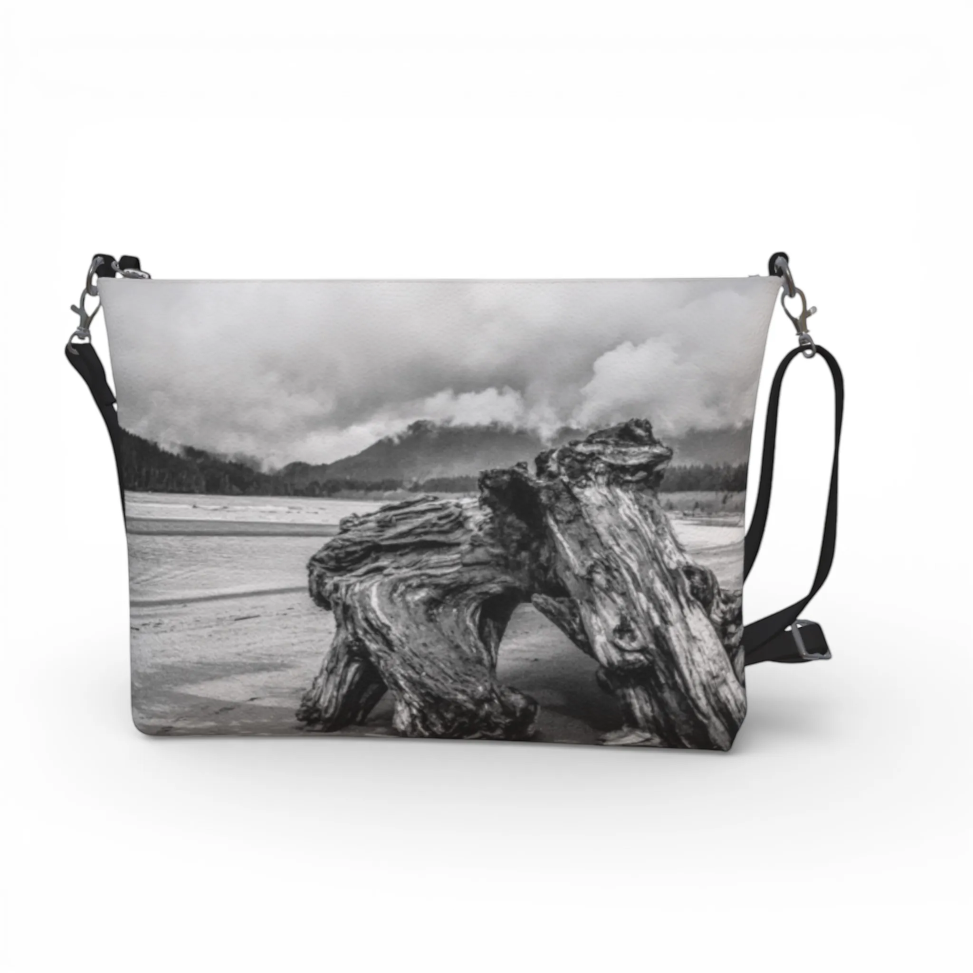 Van Isle Goddess Driftwood Monument Port Renfrew vegan leather crossbody purse with adjustable strap and metal hardware.