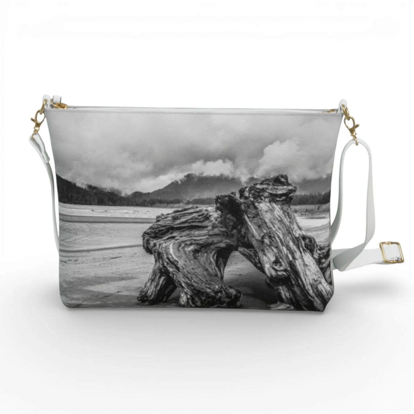 Van Isle Goddess Driftwood Monument Port Renfrew vegan leather crossbody purse with adjustable strap and metal hardware.