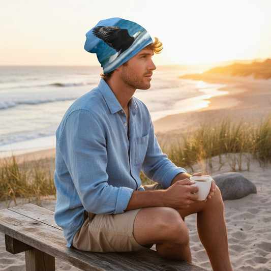 Van Isle Goddess beanie with a bald eagle in flight graphic print, made from polyester and spandex blend with bamboo lining.