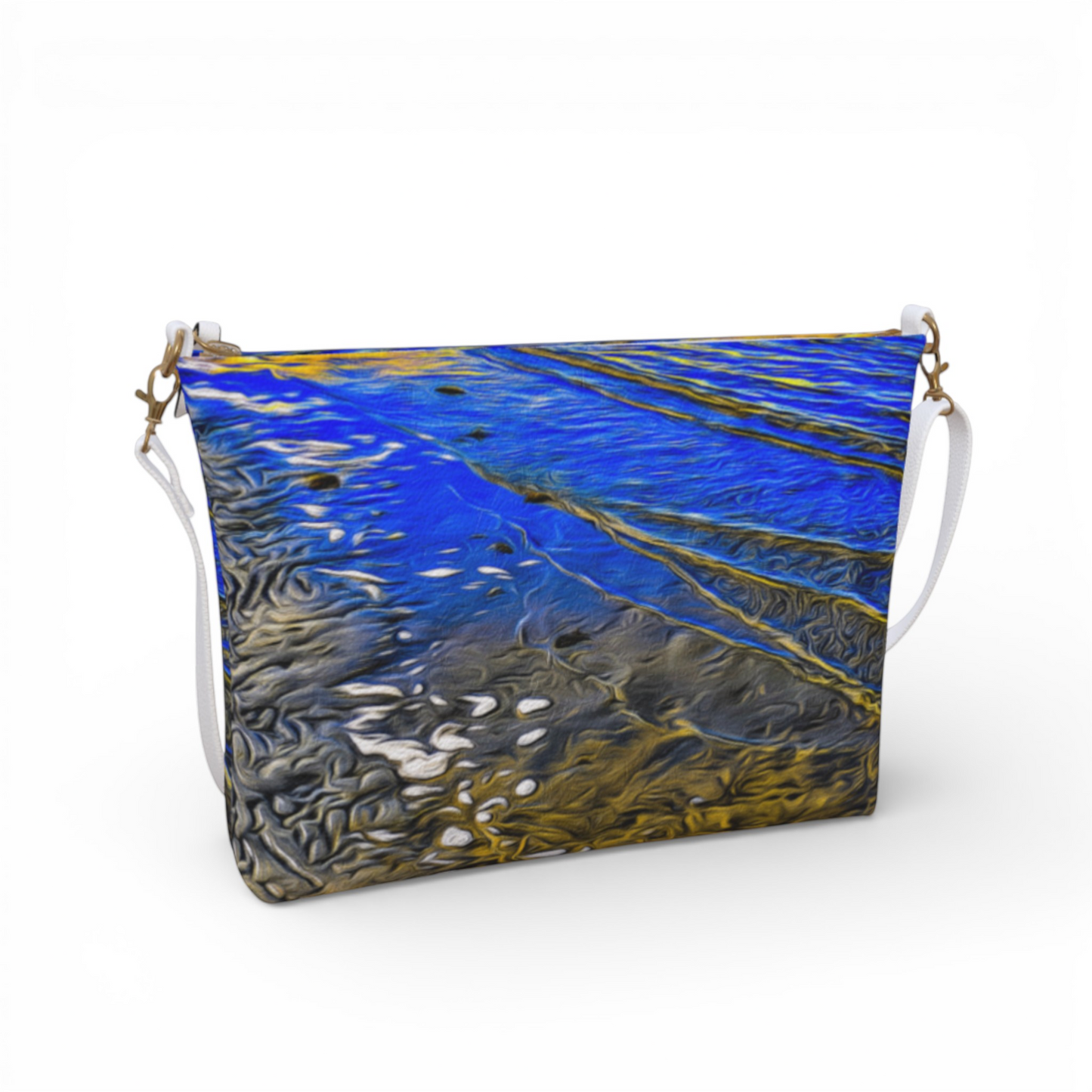 Van Isle Goddess Ebb & Flow crossbody purse with abstract blue and gold wave pattern, vegan leather, adjustable strap.