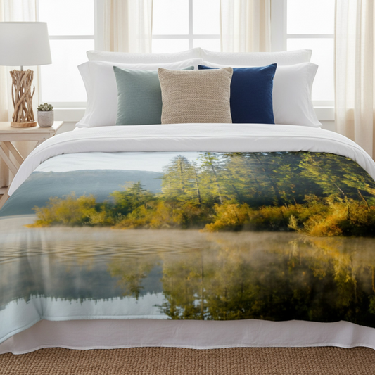 Van Isle Goddess Autumn Sunrise Fairy Lake blanket. Minky fabric with a forest and misty lake scene. Grey backing.