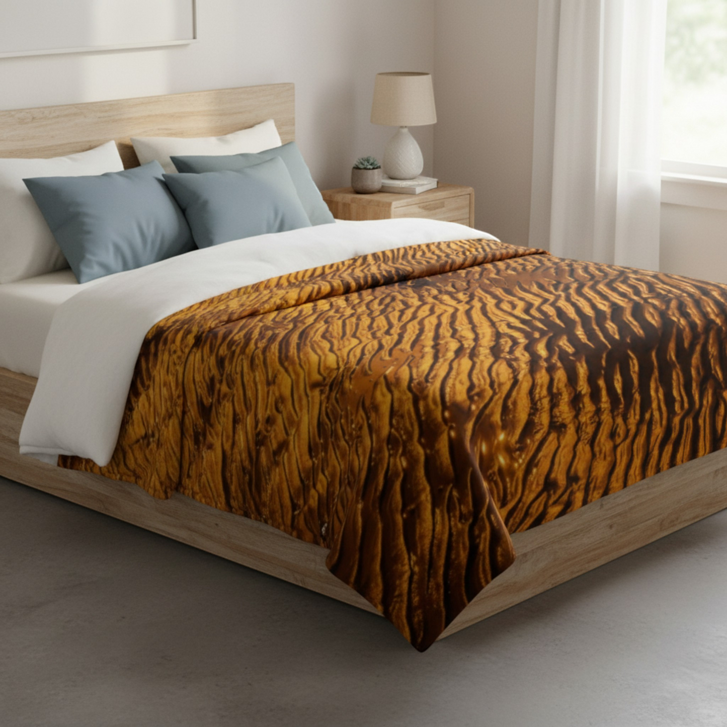Van Isle Goddess Golden Sand Coastal Blanket, double-thick minky fabric with rippled sand pattern in warm golden hues.