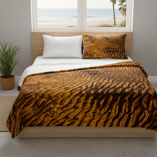 Van Isle Goddess Golden Sand Coastal Blanket, double-thick minky fabric with rippled sand pattern, grey back.