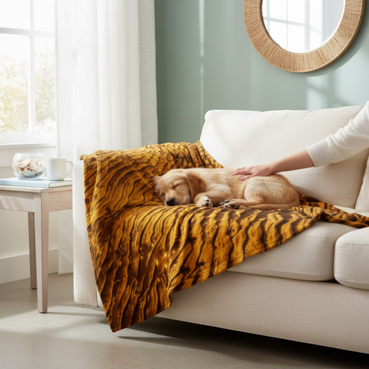 Van Isle Goddess Golden Sand Coastal Blanket, double-thick minky fabric with rippled sand pattern, grey back.