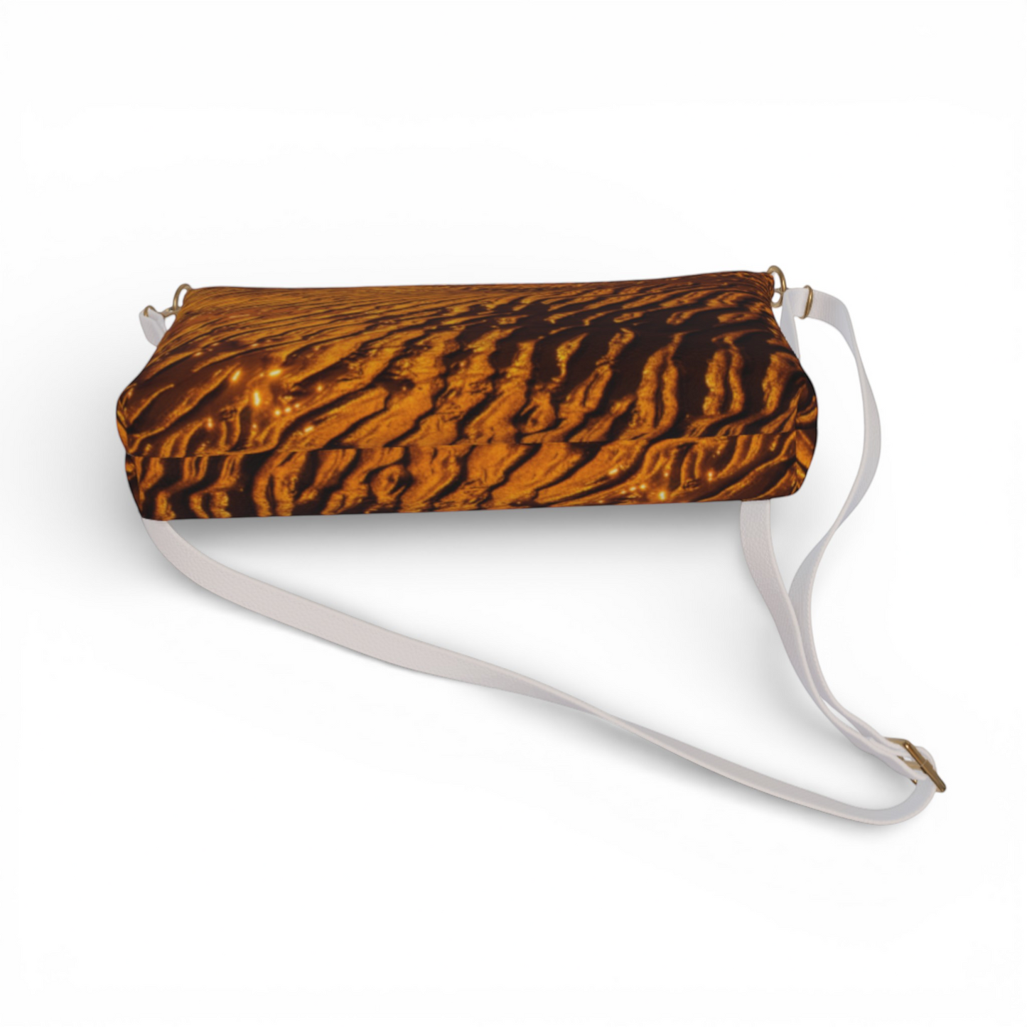 Van Isle Goddess golden sand vegan leather crossbody purse with adjustable white strap and gold hardware.