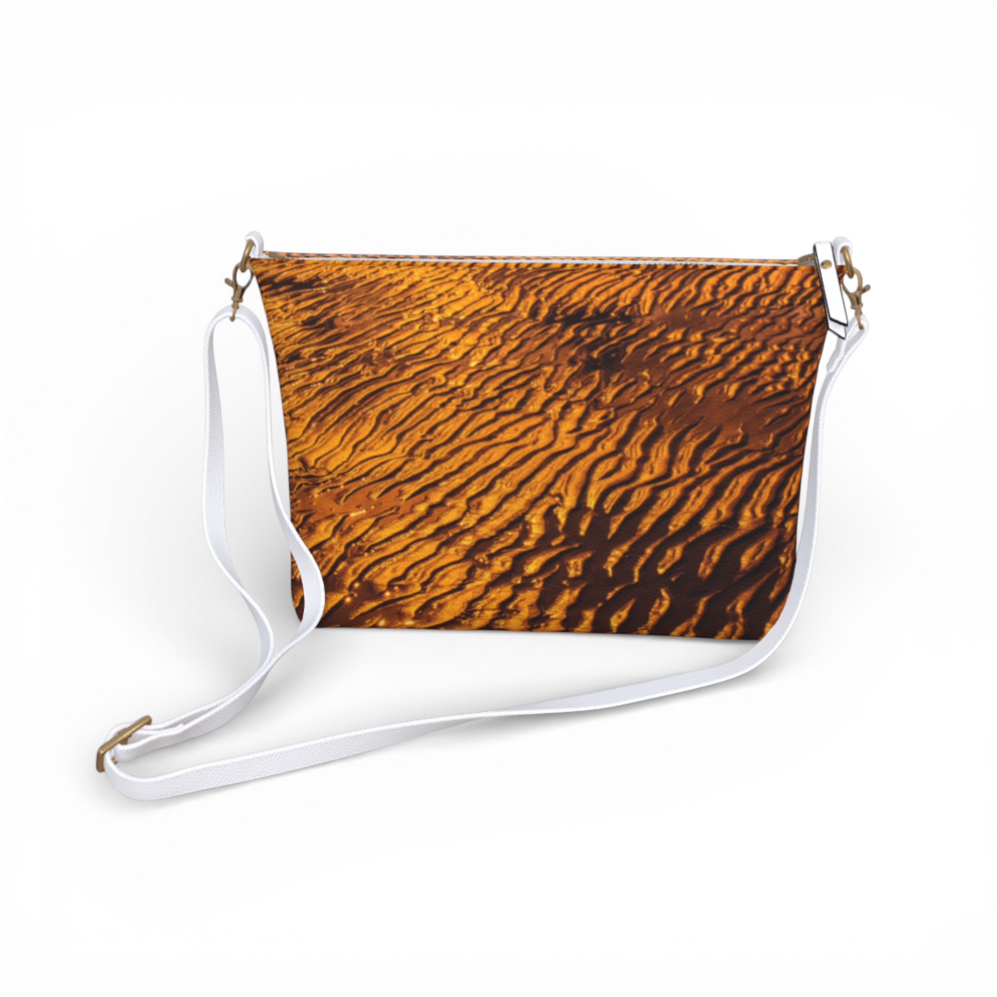 Van Isle Goddess golden sand vegan leather crossbody purse with adjustable white strap and textured sand print.