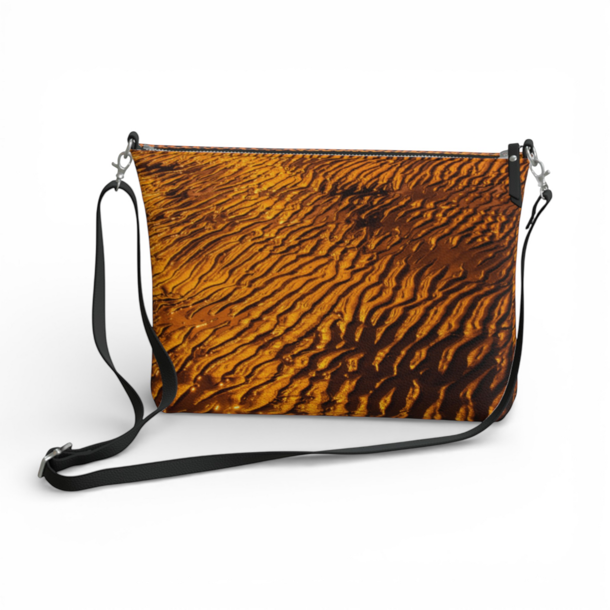 Van Isle Goddess golden sand vegan leather crossbody purse with adjustable strap and metal hardware.