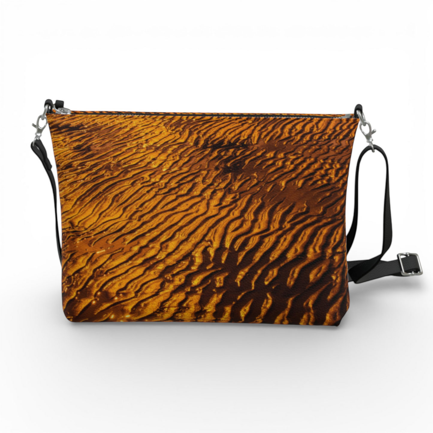 Van Isle Goddess golden sand vegan leather crossbody purse with adjustable strap and metal hardware.