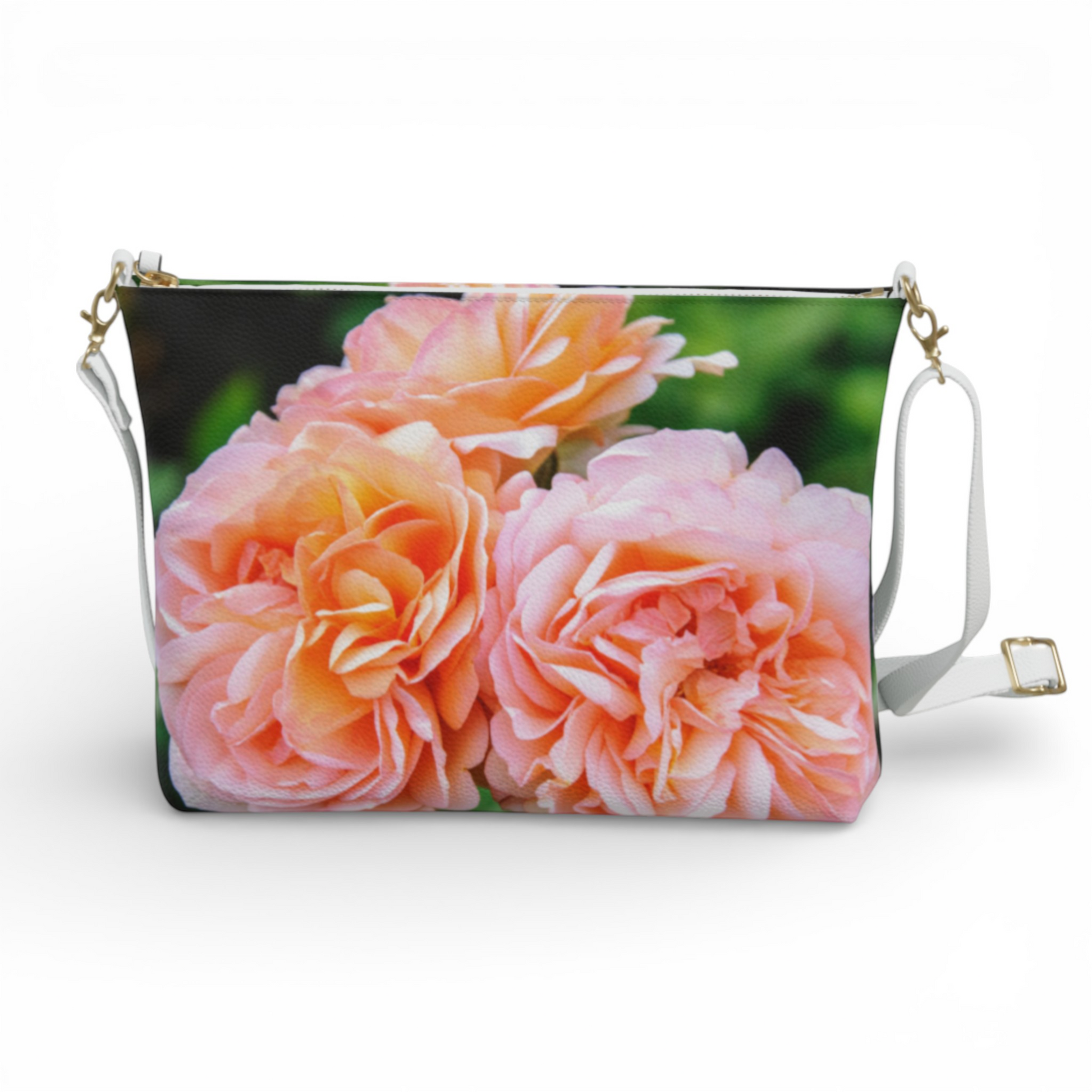 Van Isle Goddess Happy Roses crossbody purse in vegan leather with adjustable white strap and a vibrant floral print.