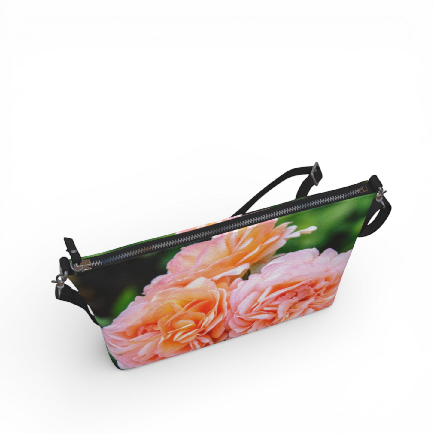 Van Isle Goddess Happy Roses vegan leather crossbody purse with pink and orange roses print, adjustable strap.