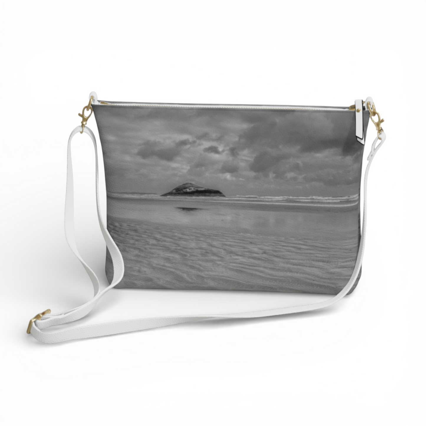 Van Isle Goddess Long Beach Tofino crossbody purse, vegan pebble leather with a beach landscape print and white adjustable strap.