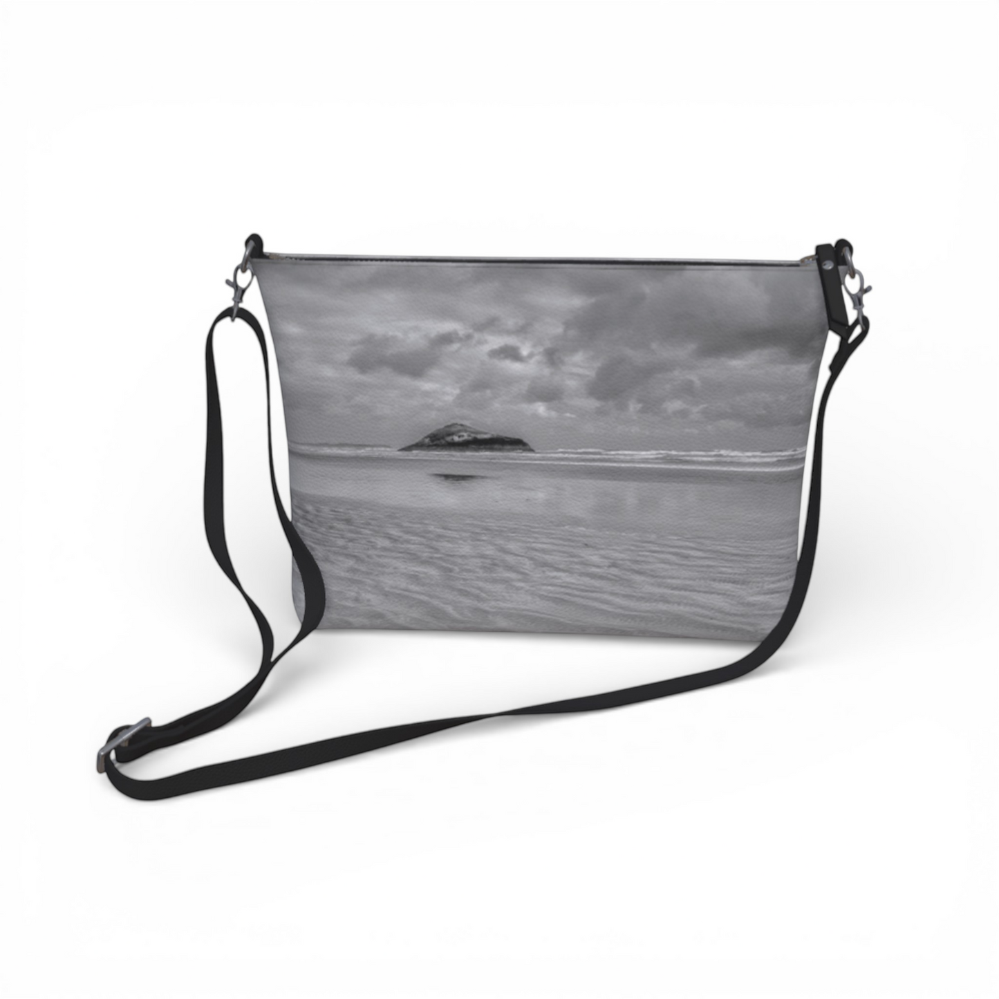 Van Isle Goddess Long Beach Tofino crossbody purse, vegan pebble leather with a black and white beach landscape print, adjustable strap.