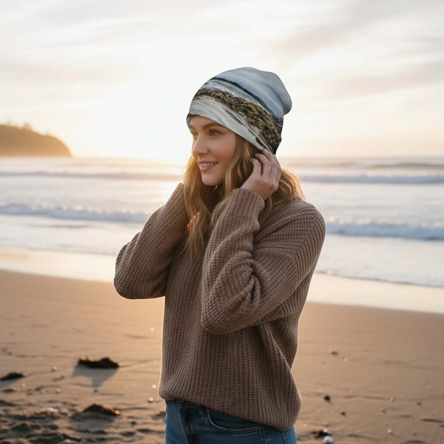 Van Isle Goddess McKenzie Beach Tofino Beanie with a scenic coastal print, bamboo lining, and slouchy design.