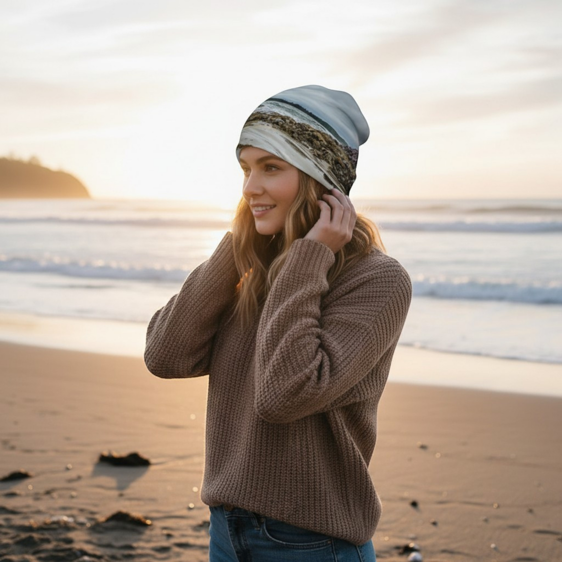 Van Isle Goddess McKenzie Beach Tofino Beanie with a scenic coastal print, bamboo lining, and slouchy design.