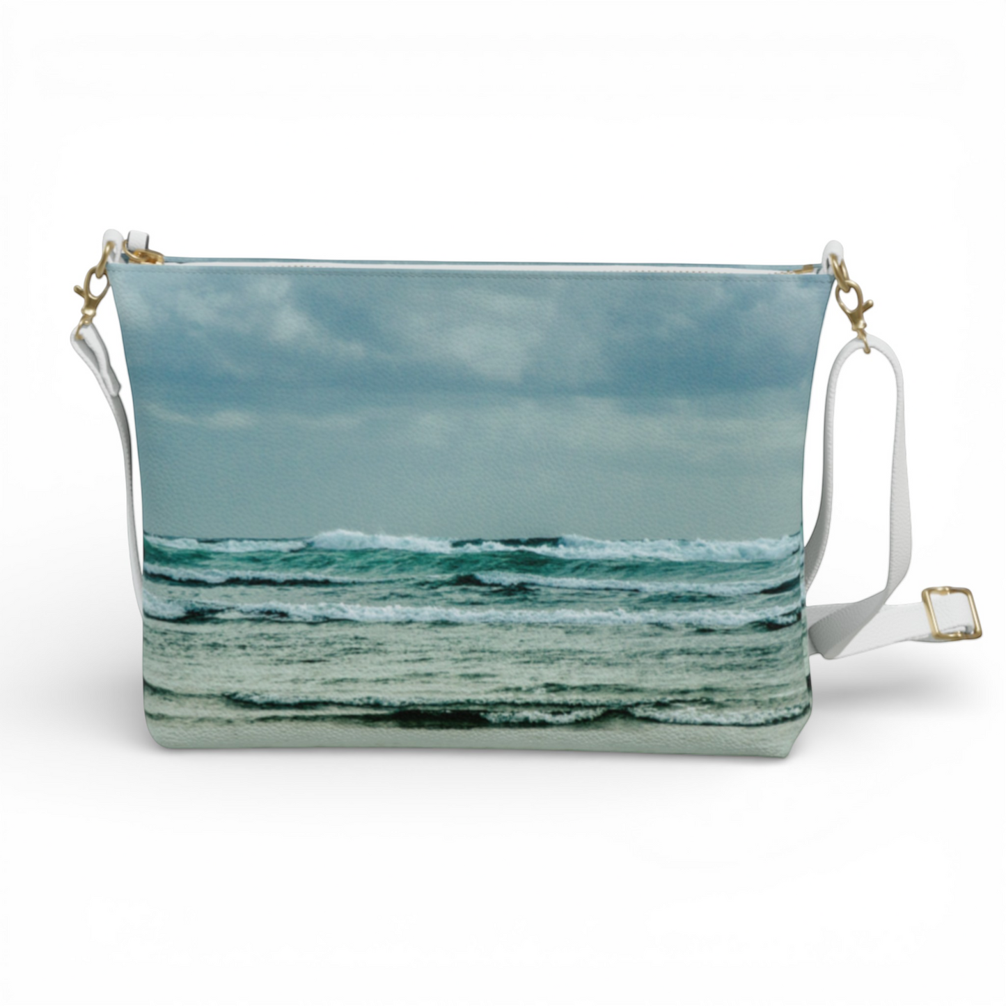 Van Isle Goddess Ocean Calling crossbody purse with a stormy ocean wave print, vegan leather, white strap.