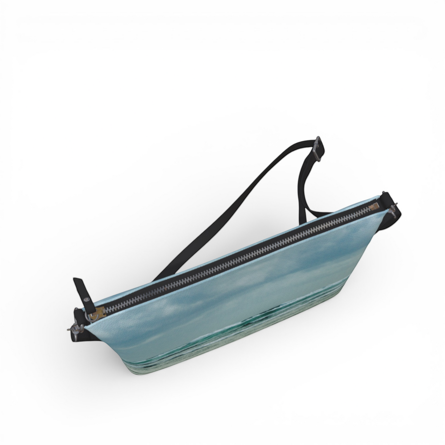 Van Isle Goddess Ocean Calling Long Beach Tofino vegan leather crossbody purse with adjustable strap and zipper closure.
