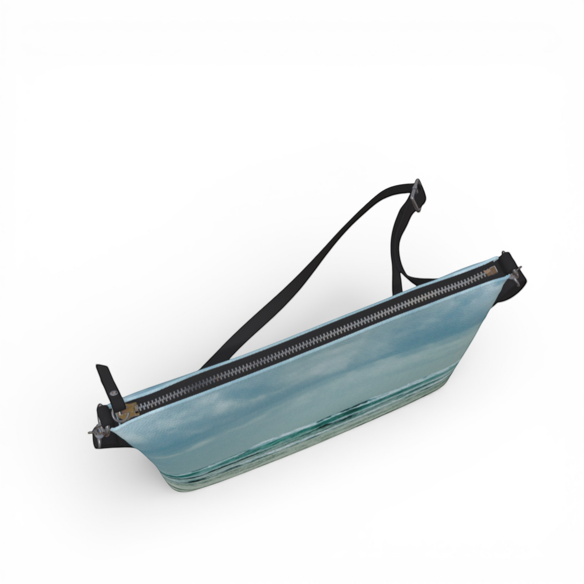 Van Isle Goddess Ocean Calling Long Beach Tofino vegan leather crossbody purse with adjustable strap and zipper closure.
