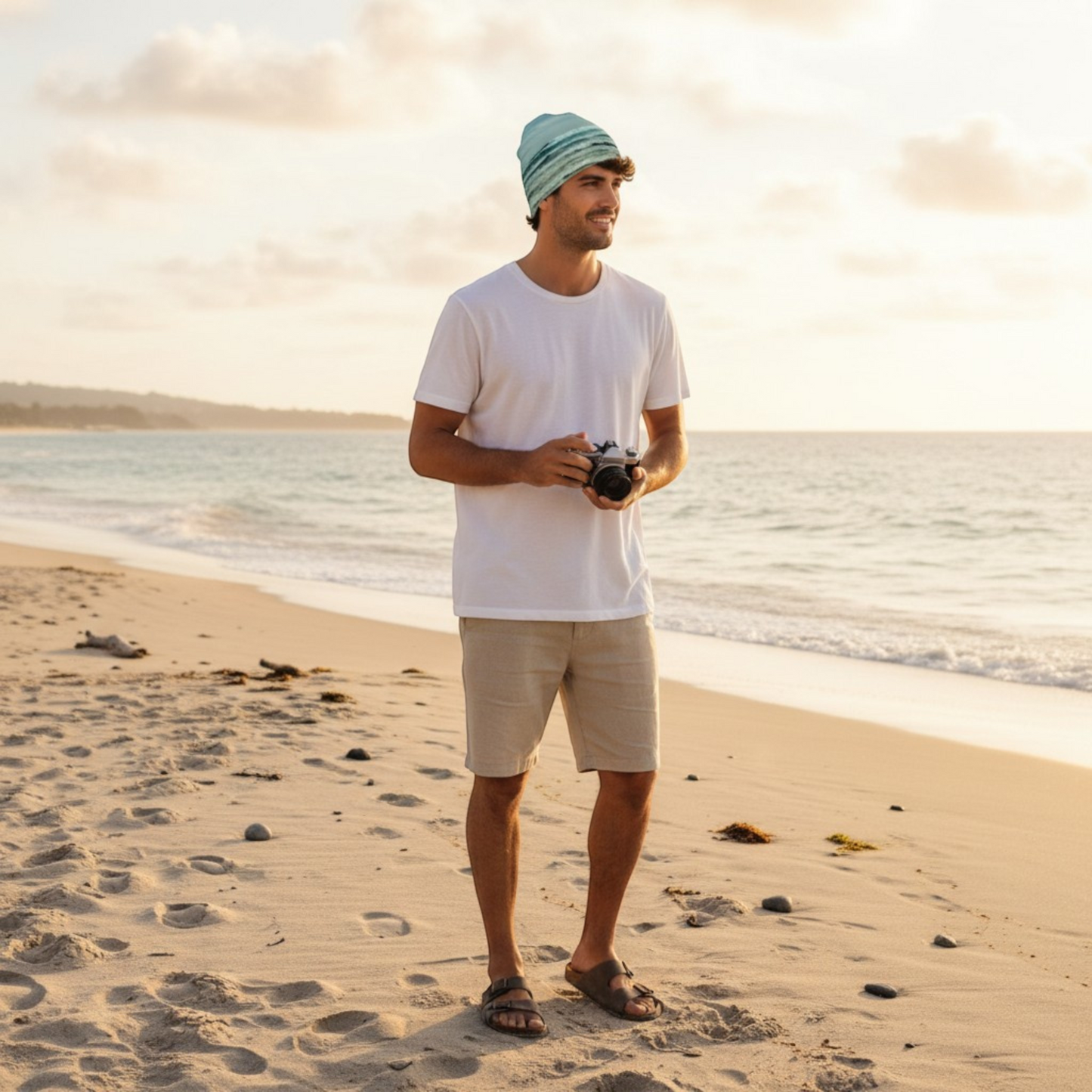 Van Isle Goddess Ocean Calling Tofino Beanie in light blue with wave pattern, bamboo lined, for beach or cycling.