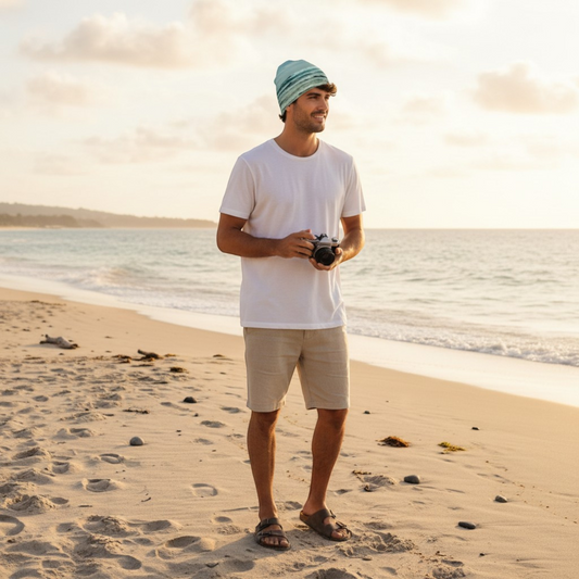 Van Isle Goddess Ocean Calling Tofino Beanie in light blue with wave pattern, bamboo lined, for beach or cycling.