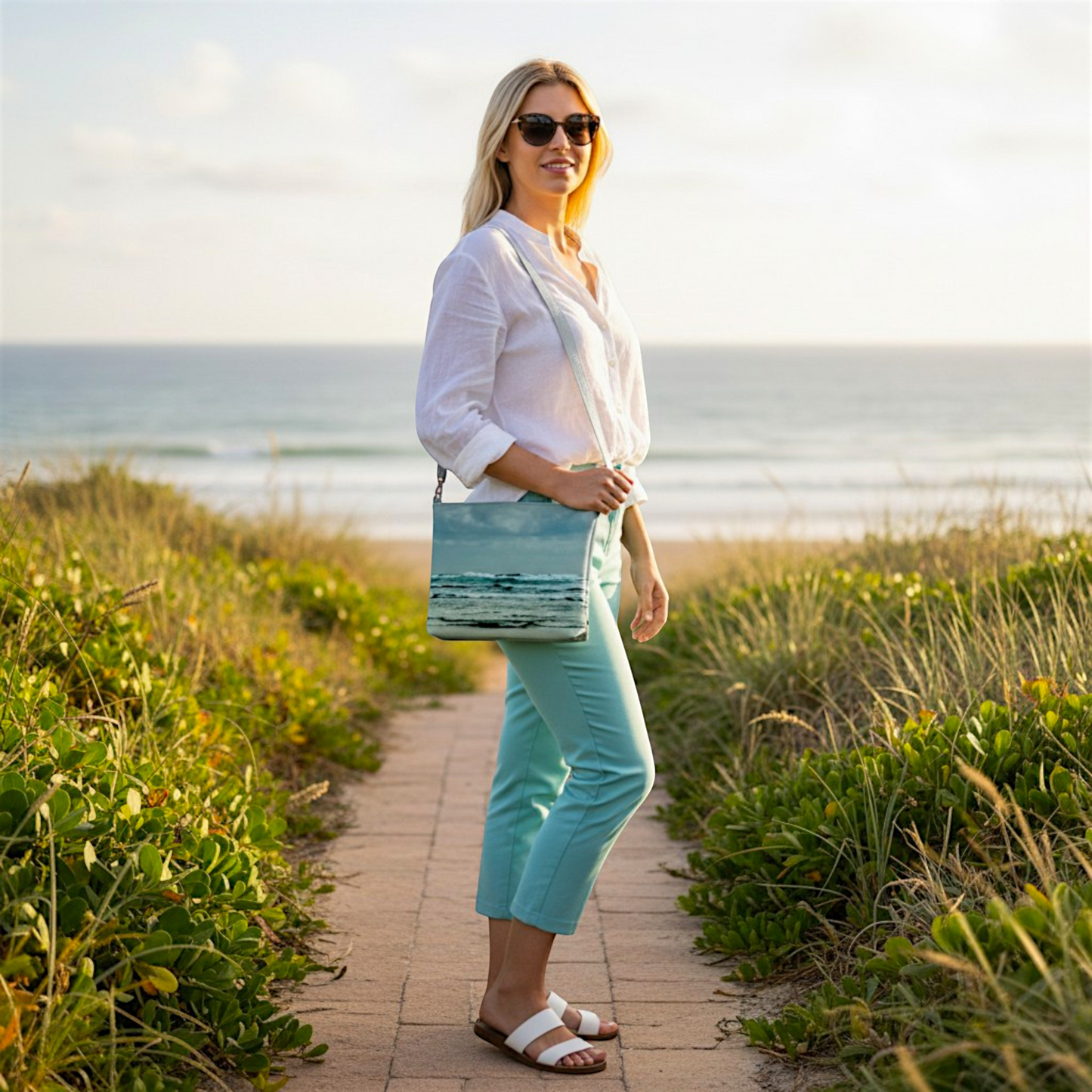 Van Isle Goddess Ocean Calling crossbody purse with adjustable strap, vegan leather, and ocean wave print.