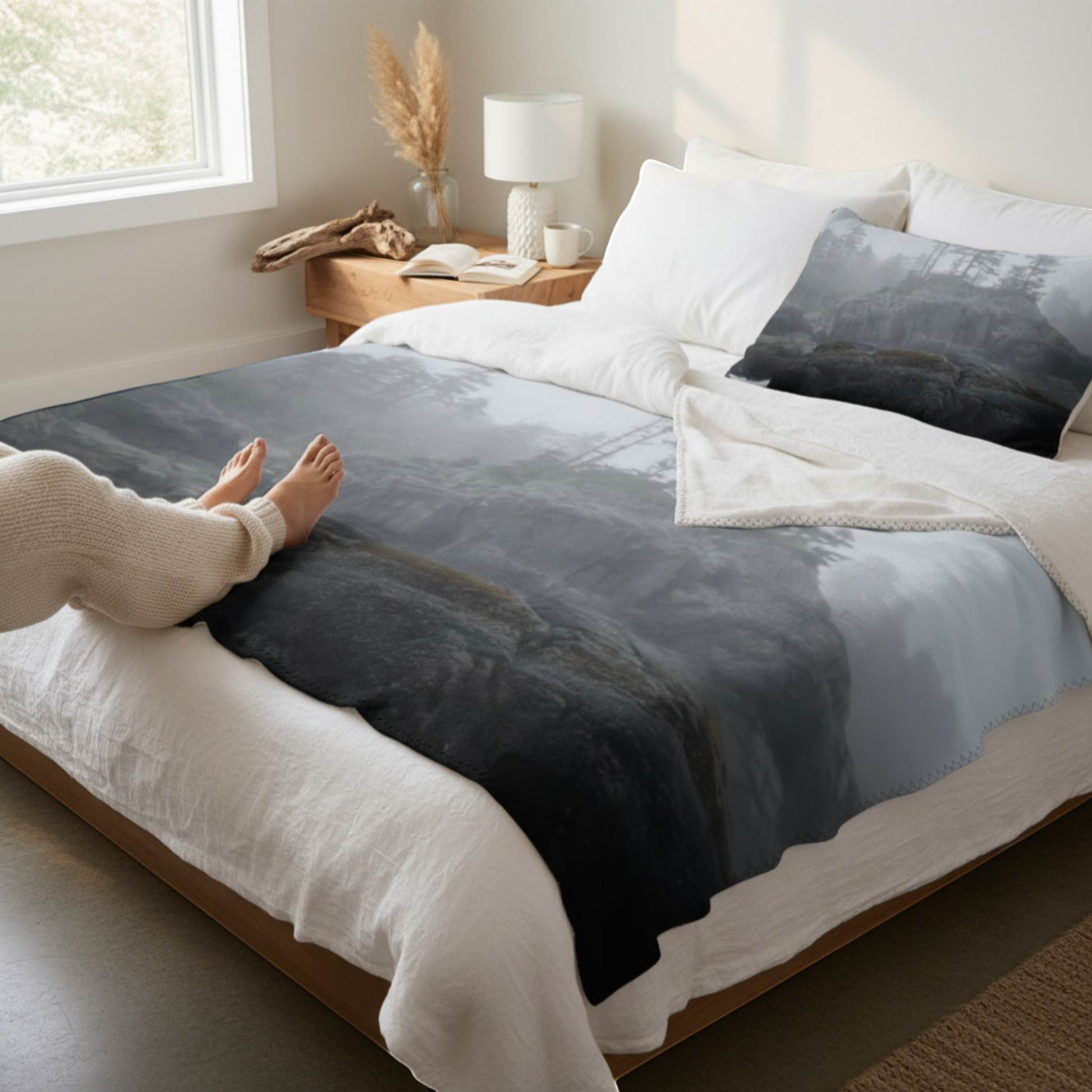 Van Isle Goddess West Coast Ocean Fog blanket, double-thick minky fabric, grey back, coastal photography of foggy trees on rocks.