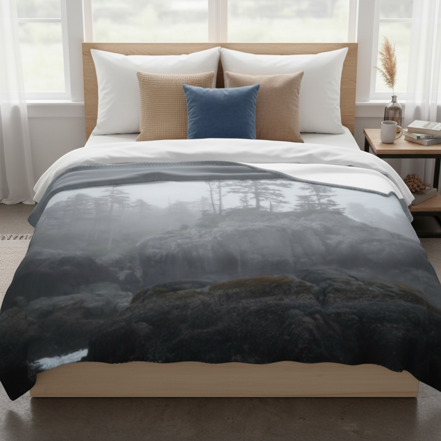 Van Isle Goddess West Coast Ocean Fog blanket with trees on rocky shore, made of double-thick minky polyester.