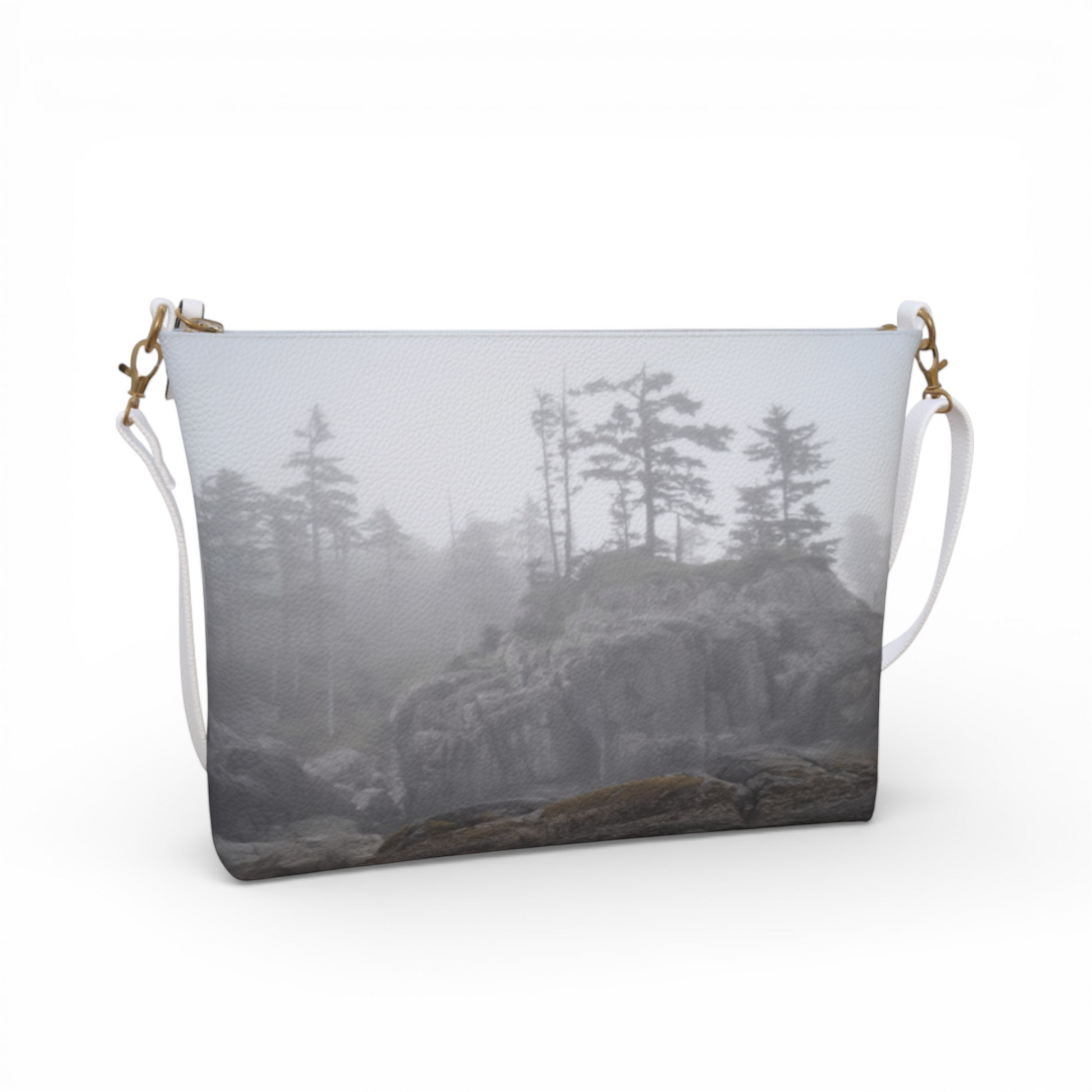 Van Isle Goddess West Coast Ocean Fog vegan leather crossbody purse with adjustable strap and metal hardware.